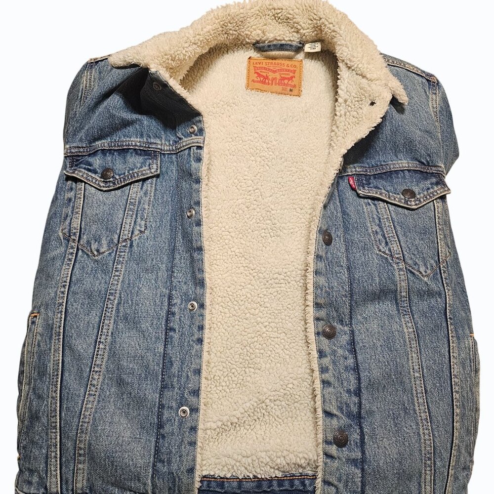 Levis Mens Sherpa-Lined Denim Trucker Jacket Blue Medium Warm Casual Outerwear - Picture 8 of 15